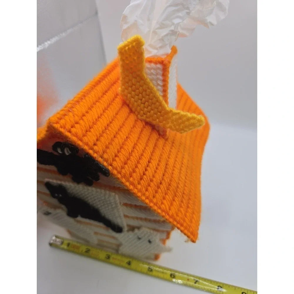 Handmade Needlepoint Plastic Canvas Tissue Box Cover  Halloween Cats/Ghosts Bats